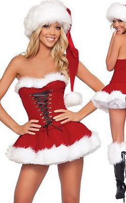 Sexy Red Fluffy Hem Strapless Christmas Costume